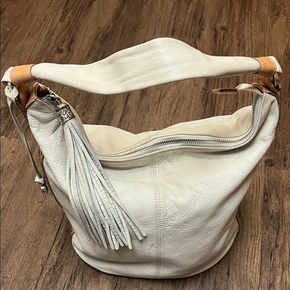 Brighton Handbags - Brighton Collins Zip Bucket Bag Cream With Tan Leather Shoulder Bag